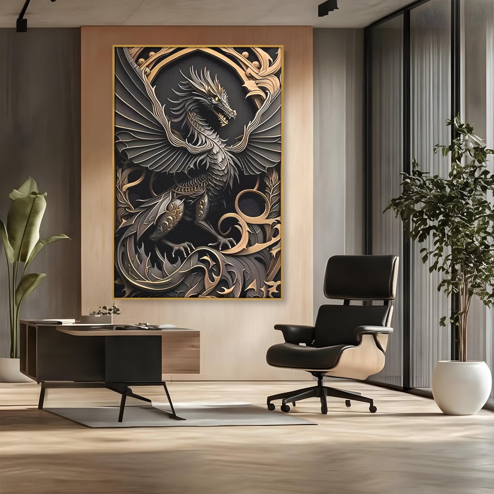 Tablou canvas cu ilustratie digitala cu dragon mitic, in rama de aluminiu auriu, pe perete intr-un birou